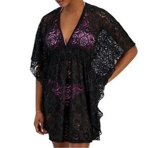 Miken Women’s Plunge Neck Lace Kimono Swimsuit Cover Up Black Size XS